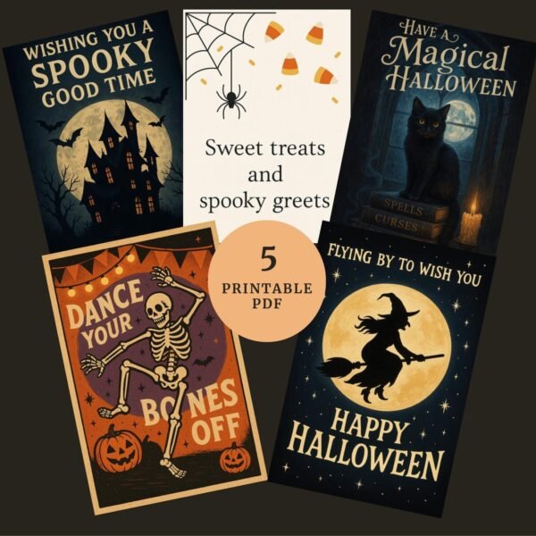 5 Printable Halloween Cards Bundle