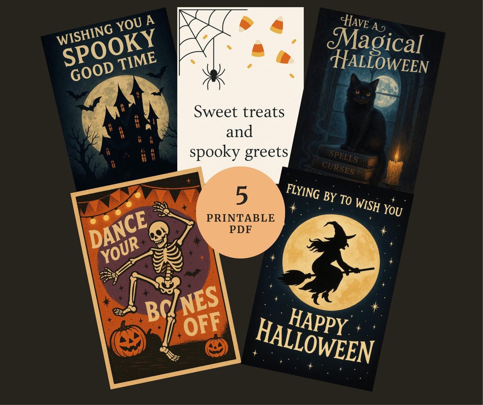 5 Printable Halloween Cards Bundle